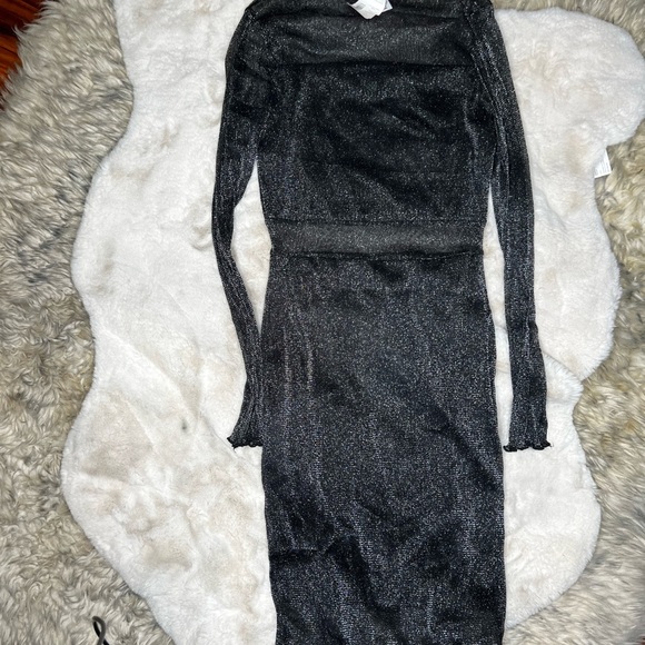 💎 Black & SILVER Sparkly Mesh CutOut Glitter Sparkly LongSleeve Fitted Dress - Picture 7 of 8